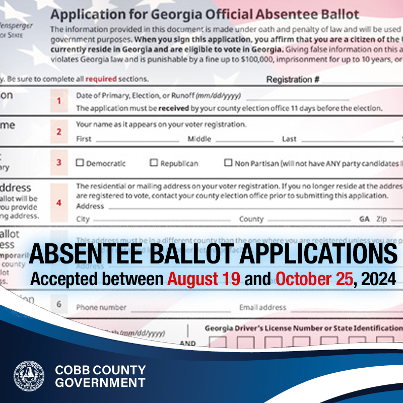 cobbcountygovt's tweet image. Requests for Absentee Ballots for the November 2024 General Election can now be accepted. To download a request form and to learn more, visit cobbcounty.org/elections/voti…