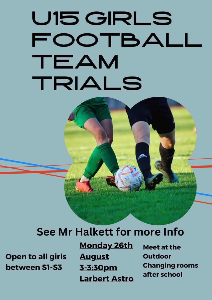S1-3 Girls Football Trials | ⚽️

📅 S1- S3 girls football team trials take place on Monday 26th August after-school.
Please meet at the outdoor changing rooms with your football kit and boots.
For more information, please see Mr Halkett in the PE base.
<a href="/LHS_HWB/">Larbert High School HWB</a> <a href="/Larbert_Sport/">LHS Sport 🏏🎾⚾🏀⚽</a>