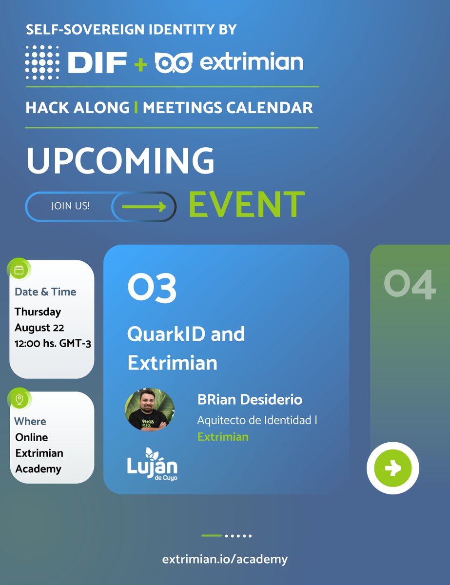 Extrimian's tweet photo. 🔔 Este jueves se viene la sesión n°3 de la #HackAlong junto a la @DecentralizedID, acerca de "@Quark_ID y Extrimian", hosteado por Brian Desiderio, Arquitecto de Identidad, donde contaremos con la exposición de representantes de la Municipalidad de Luján de Cuyo (Mendoza, Argentina) que están avanzando en la implementación de esta tecnología para trámites públicos. ​

🔗 Enlaces importantes:
📍Video del caso de uso modelo: https://t.co/vuZJ5gYcQH
📍Página del caso de uso: https://t.co/58nisxGKI1
📍Extrimian Academy: https://t.co/KDZC7cXULi

📅 Fecha: Jueves 22 de agosto  ​​​
⏰ Hora: 12 PM GMT-3 (una hora de duración) ​​​
✍ No hace falta volver a inscribirse. Nuevos participantes pueden inscribirse aquí: https://t.co/ZvaBnRNNVB
