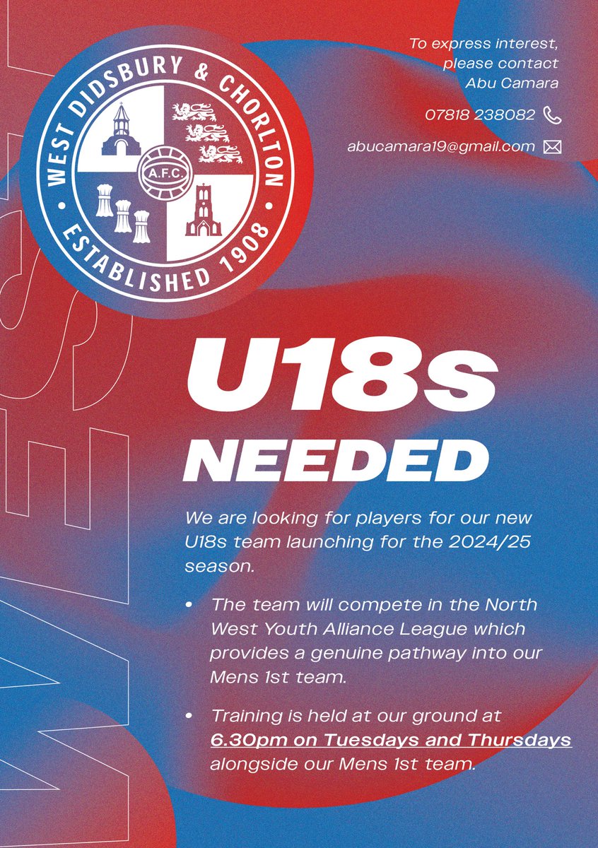 We are looking for under 18s players to join a new West team who will play in the North West Youth Alliance League. 

The team will play their matches on our first team pitch as well as our Hardy Farm pitches. Training will be at our ground on Tuesdays and Thursdays alongside our