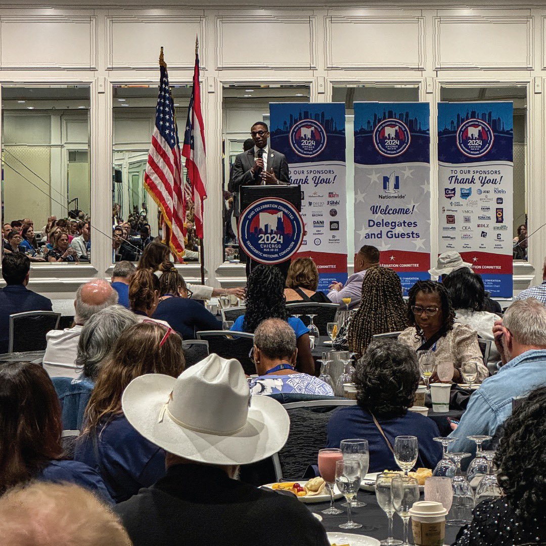 OHDems's tweet photo. The first Ohio Delegation breakfast is in the books! We had the privilege of hearing from Chair @lizmwalters, Senator @amyklobuchar, Mayor @JustinMBibb, Secretary Tom Vilsack, and many more.

We are fired up and ready to elect VP @KamalaHarris and Gov. @Tim_Walz in November! https://t.co/IHQgEo19Vk