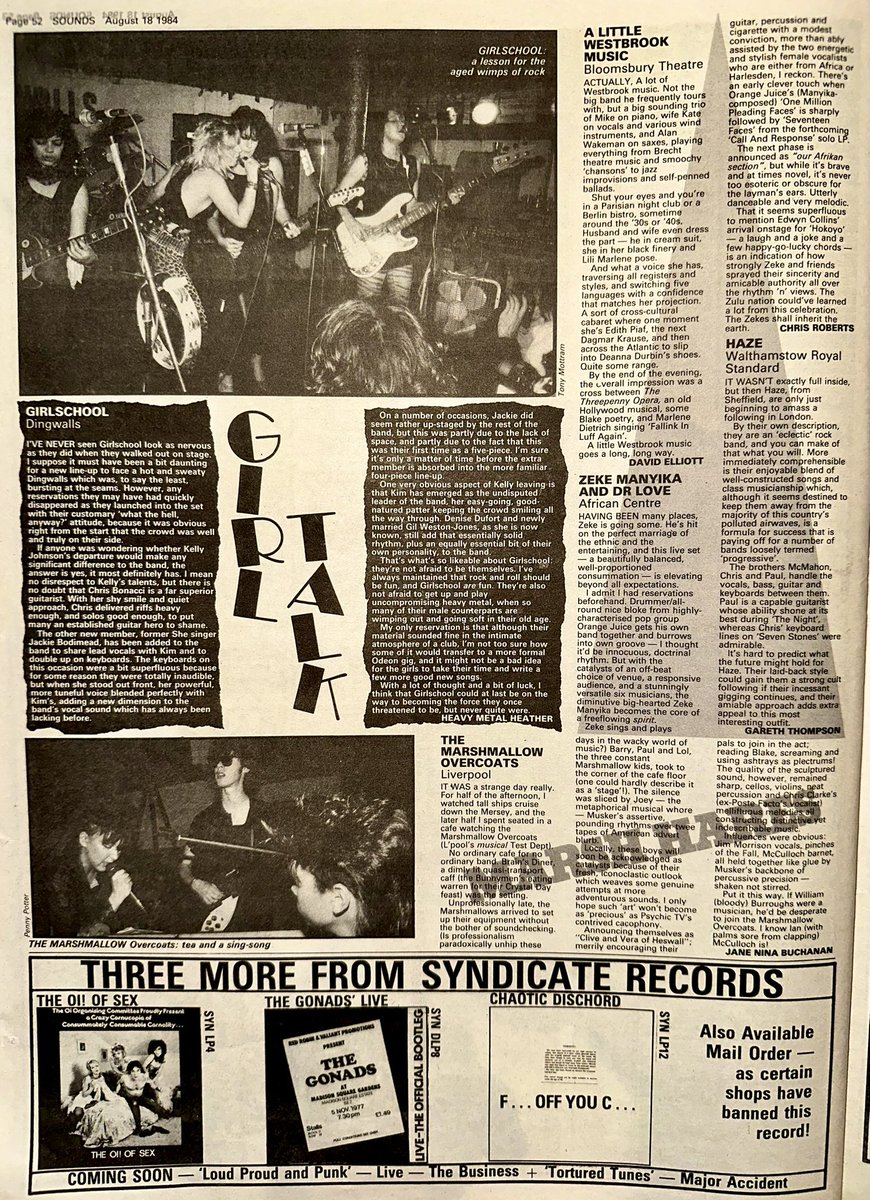 ZoundsAbound's tweet photo. John Dingwall is in Glasgow for #Sylvester, Rose Rouse is at the ICA for #HoneymoonKillers Richard Clare is at Dingwalls for #Dianno &amp; #YoungBlood, David Elliot is at the Bloomsbury for #IvorCutler &amp; Andy Hurt is at the Marquee for #Spizz 

Sounds Aug 18th 1984 https://t.co/mJ09pKRTIe