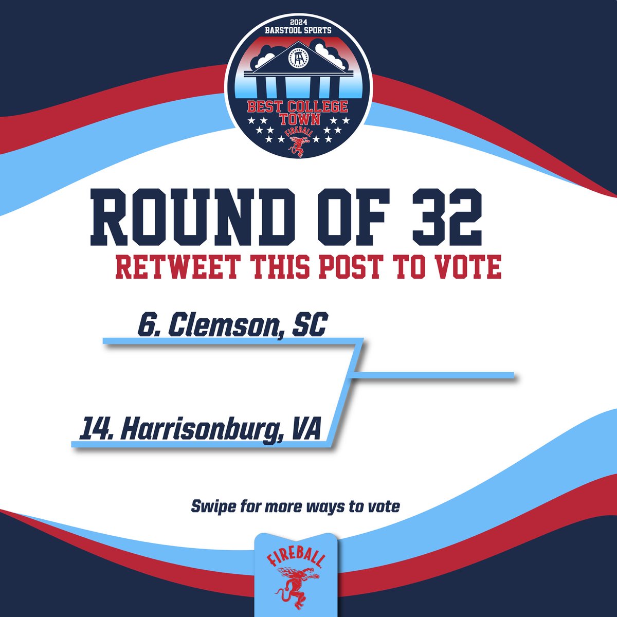 JMUBarstool's tweet image. 🚨Harrisonburg, VA! Round of 32 voting has begun🚨

Retweet THIS POST or Tweet #HarrisonburgBCT on X!
Text JMU to 90448! Make sure to confirm so your vote counts

Best College Town Round of 32 presented @FireballWhisky