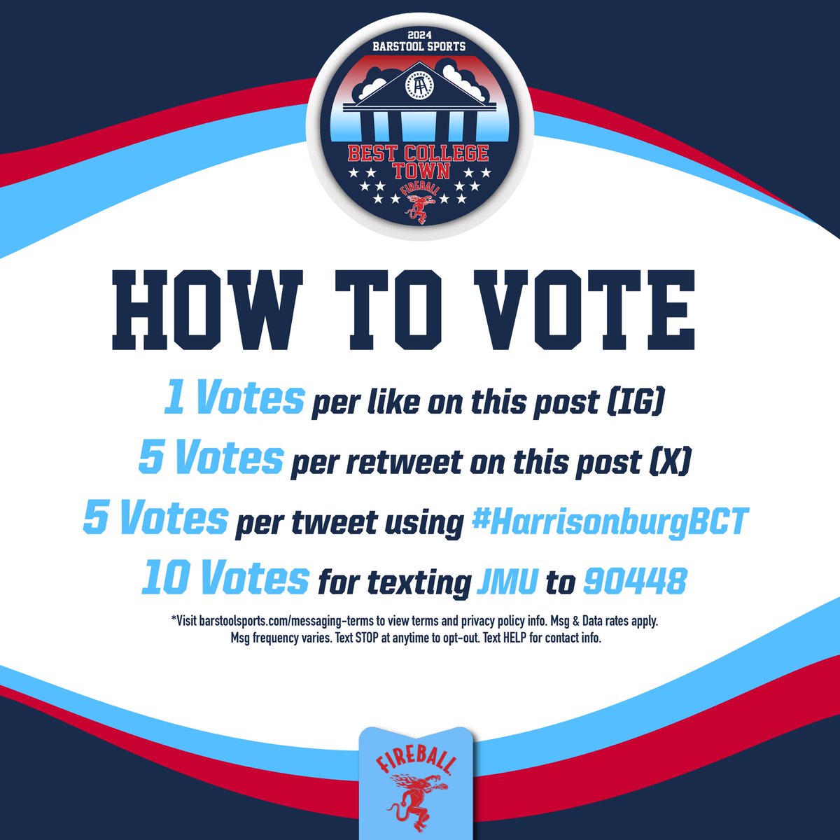 JMUBarstool's tweet image. 🚨Harrisonburg, VA! Round of 32 voting has begun🚨

Retweet THIS POST or Tweet #HarrisonburgBCT on X!
Text JMU to 90448! Make sure to confirm so your vote counts

Best College Town Round of 32 presented @FireballWhisky