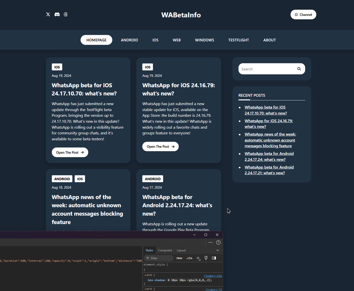 amnesiacorp's tweet photo. @WABetaInfo I see you have redesigned your website. I would suggest changing the shadow values, they're too strong now.
Change this: box-shadow: 0 10px 12px rgba(0, 0, 0, .4);
to this: box-shadow: 0 10px 20px rgba(0, 0, 0, .2);
for .kenta-header-row-bottom_row and .card https://t.co/Ylg3oQToS5