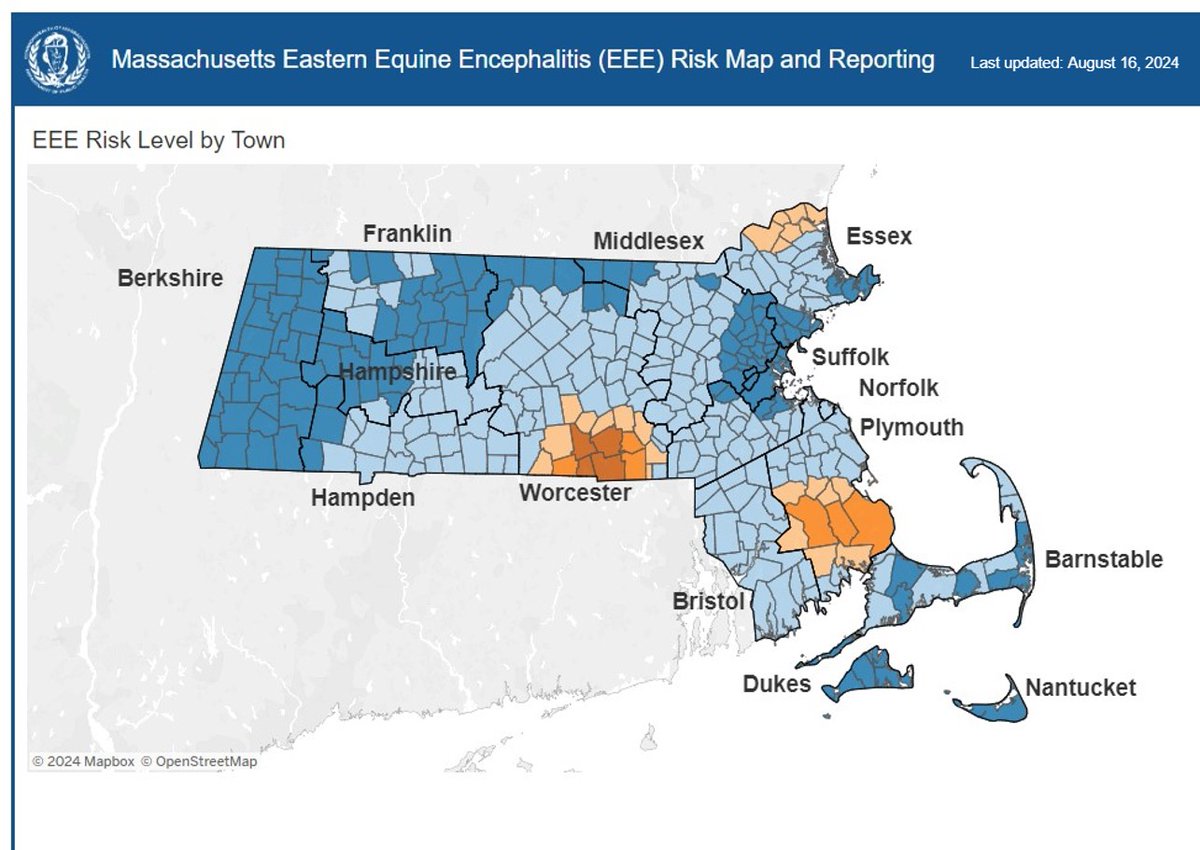 CMassMosquito's tweet photo. #EEE risk level "Critical" in #Oxford, #Douglas, #Sutton, &amp; #Webster.  Check this link to see your town: https://t.co/9K1nOSkcDP https://t.co/KiMfUXsTfM
