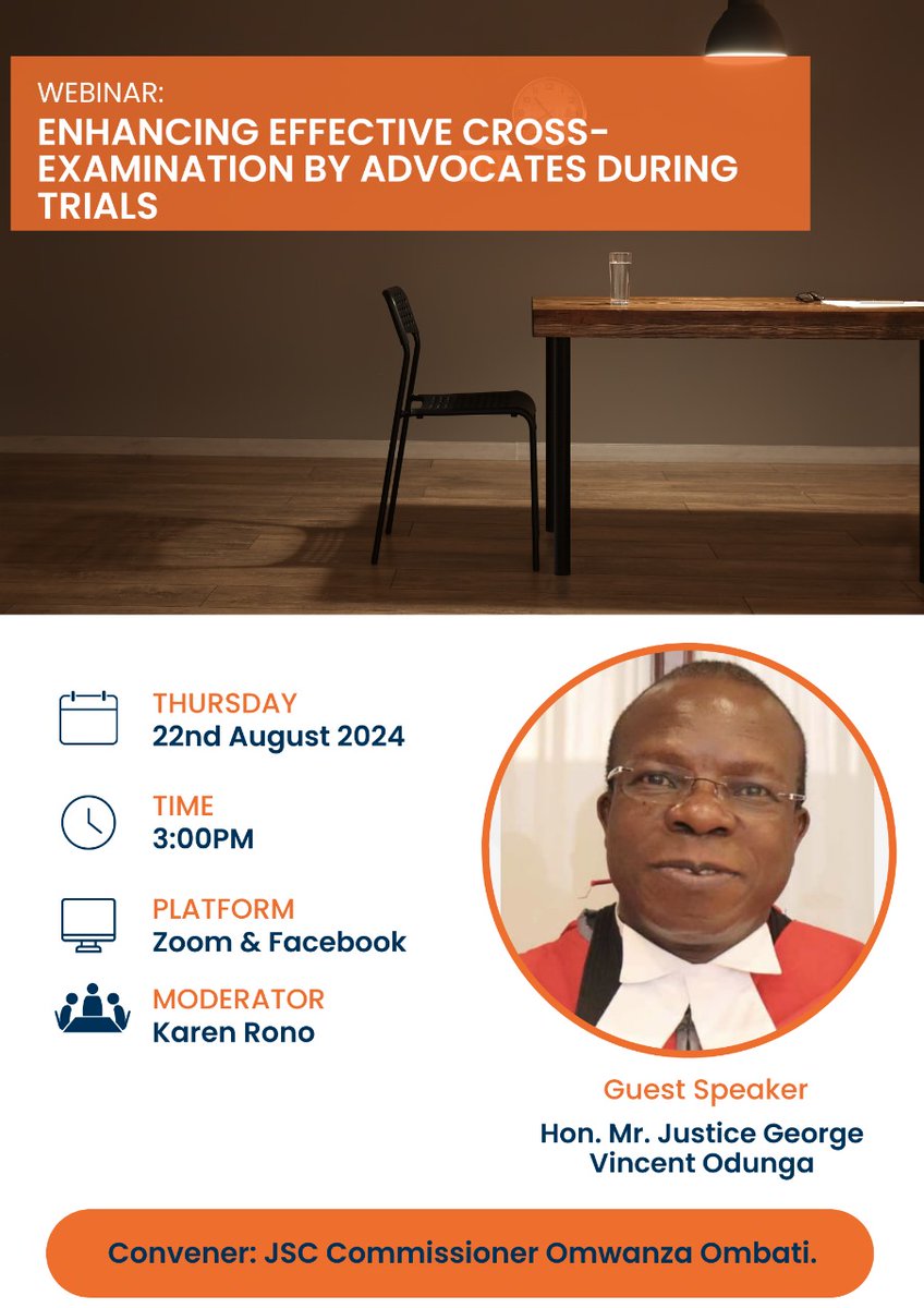 zakheem_rajan's tweet photo. Dear law students, if you have ever admired the judgments of Lord Denning, you will appreciate Justice George Odunga’s approach. Don’t miss this webinar on effective cross-examination in trials, brought to you by JSC Commissioner @omwanza
Register here: [https://t.co/IwuGhhbgXy] https://t.co/HFj8SZFVca