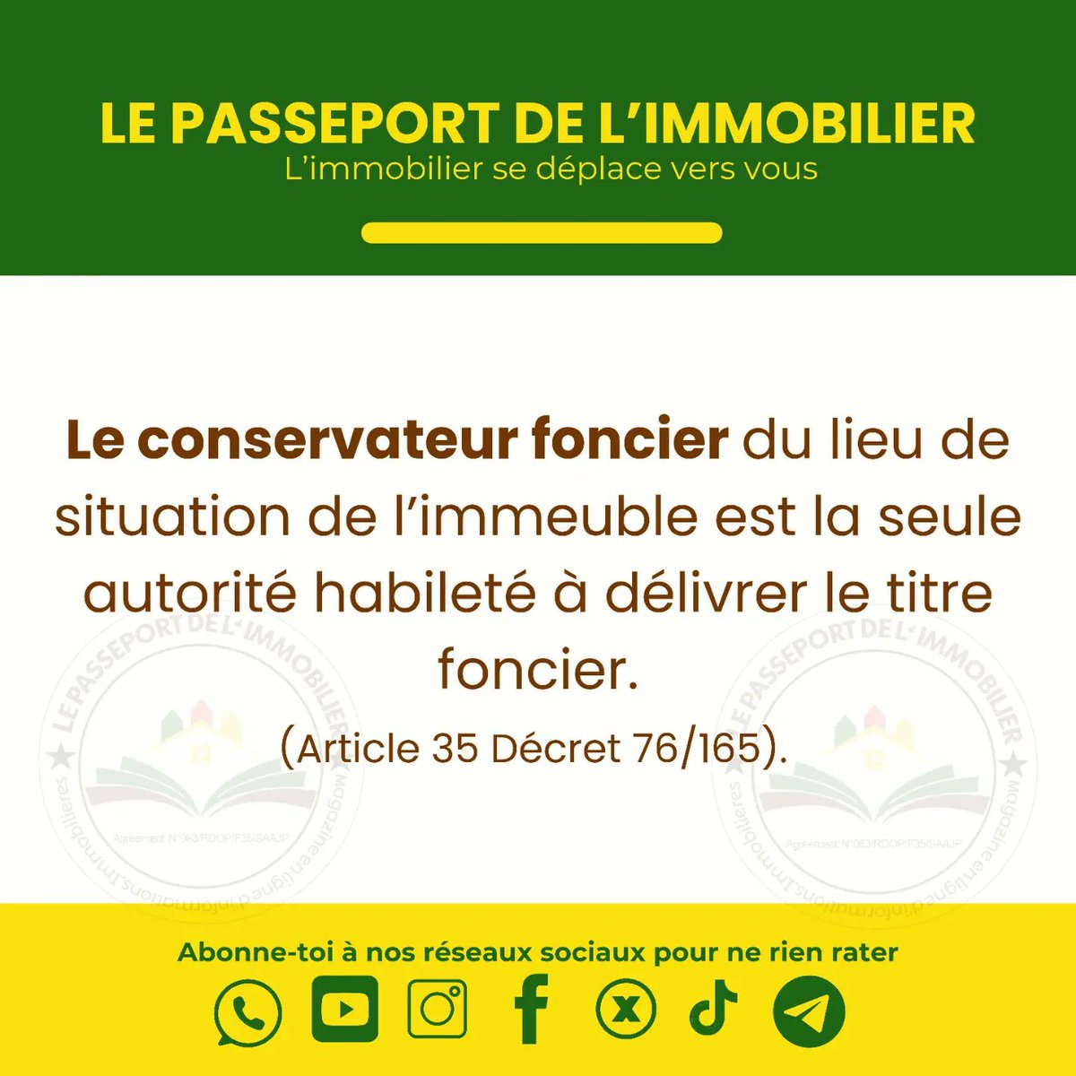 Lepassdelimmo's tweet photo. 〽️𝗟𝗲 𝗰𝗼𝗻𝘀𝗲𝗿𝘃𝗮𝘁𝗲𝘂𝗿 𝗳𝗼𝗻𝗰𝗶𝗲𝗿 du lieu de situation de l’immeuble est la seule autorité habileté à délivrer un titre foncier.

#lepassdelimmo #investirdanslimmobilier #magazineenligne #investiraupays #Cameroun #informationsUtiles #developponsnotrepays #foncier https://t.co/xFWr9YLWdc