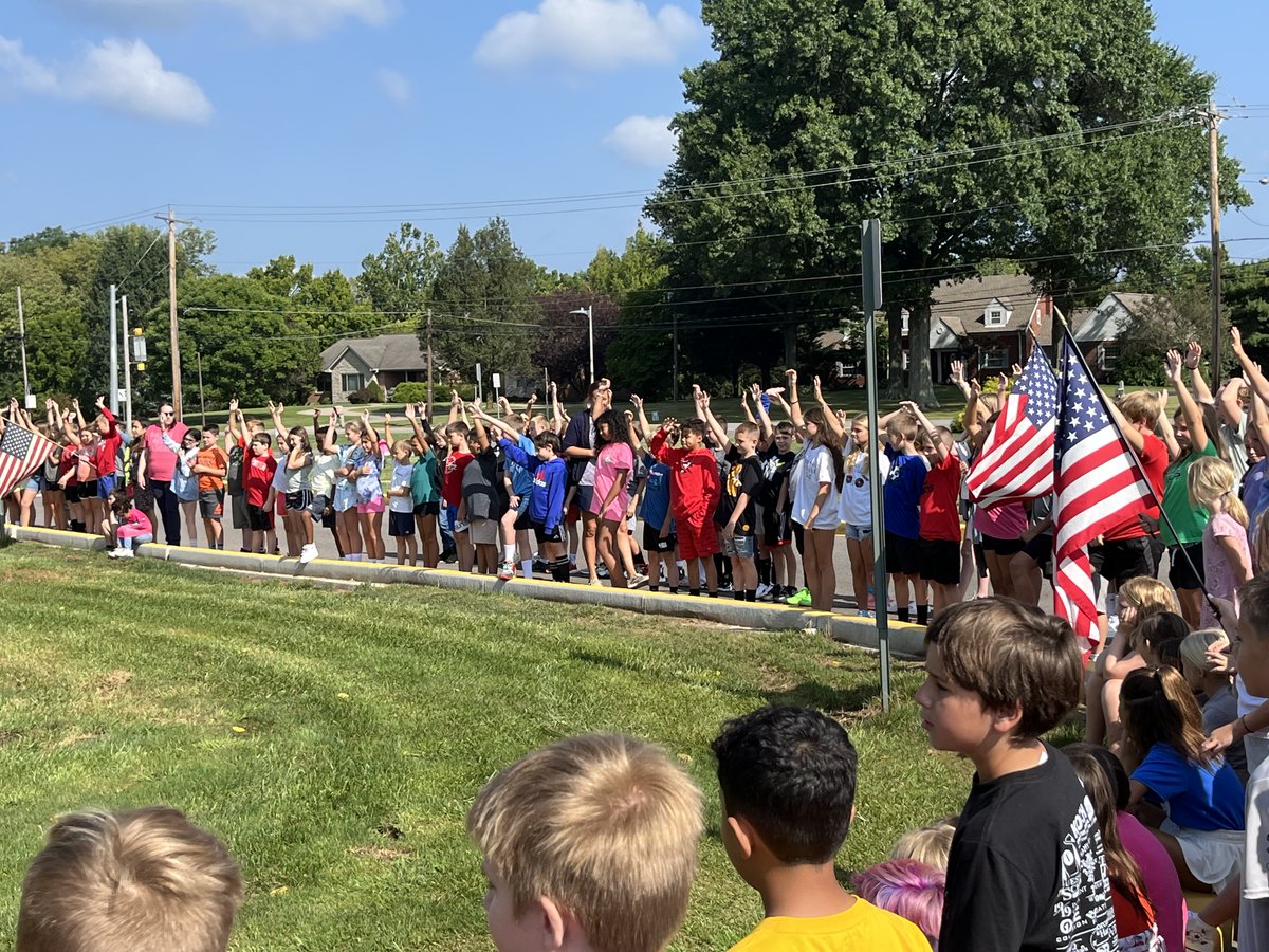OHLSD's tweet photo. J.F. Dulles Elementary held their annual Flag Ceremony this morning to officially mark the start of the 2024-25 school year. Head custodian Lisa Dinsmore and local veteran Jim Halusek had the honor of raising our nation's flag.  #OHBetterTogether https://t.co/Po8x1Q9vI0