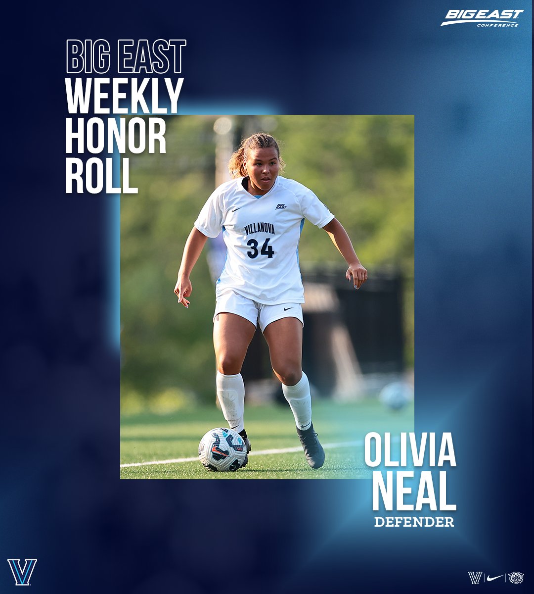 NovaWSoccer's tweet photo. Three honorees for the first batch of @BIGEAST Weekly Honors ✌️
@morgankotch16 grabs Freshman of the Week while Olivia Neal and @madisonshumate4 land on the Honor Roll! #GoNova https://t.co/5iB4bNtNm1