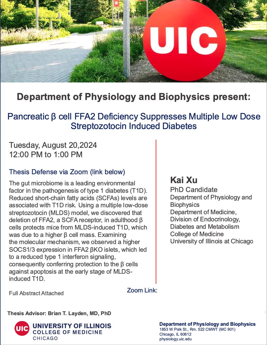 Diabetes_UIC's tweet photo. "Excited to announce that @brian_layden's mentee Kai Xu @aprilchris123  will defend his thesis tomorrow! His research on SCFA's opens up new avenues #diabetes research. Proud of his hard work and dedication. Onward to the next adventure! 🚀 #PhDDefense #AcademicSuccess #Research" https://t.co/R3BQg8R5Xn