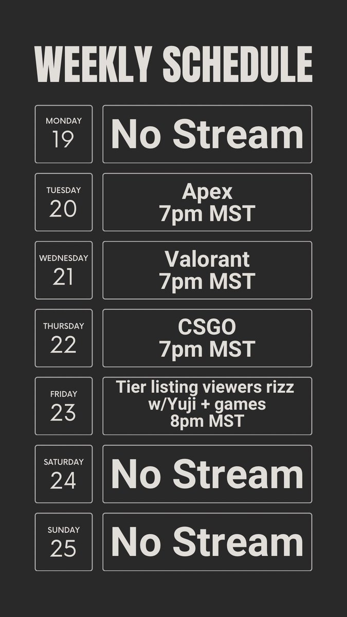 This weeks schedule!!!