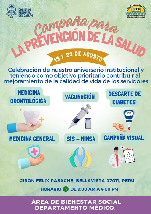 drecallao's tweet photo. #Ahora | Campaña para la prevención de la salud
Día: Lunes 19 al 23 de agosto
Hora: 9:00 a.m. a 4:00 p.m.
Lugar: Sede Institucional de la DREC
Dirigido a: Todos los usuarios de la DREC y público en general. https://t.co/SG5k1te1qz