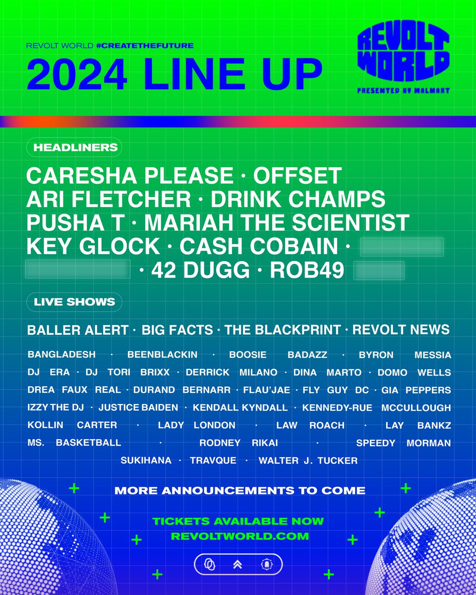 Let’s make history again. 🚀🌍

@RevoltWorld presented by <a href="/Walmart/">Walmart</a> returns. 🔂 

Three days of your favorite REVOLT shows, live performances, and impactful conversations. 

The biggest cultural event of the year is back. 🏅🏟️

📲 REVOLTWORLD.COM 

WE CREATE THE FUTURE ™️