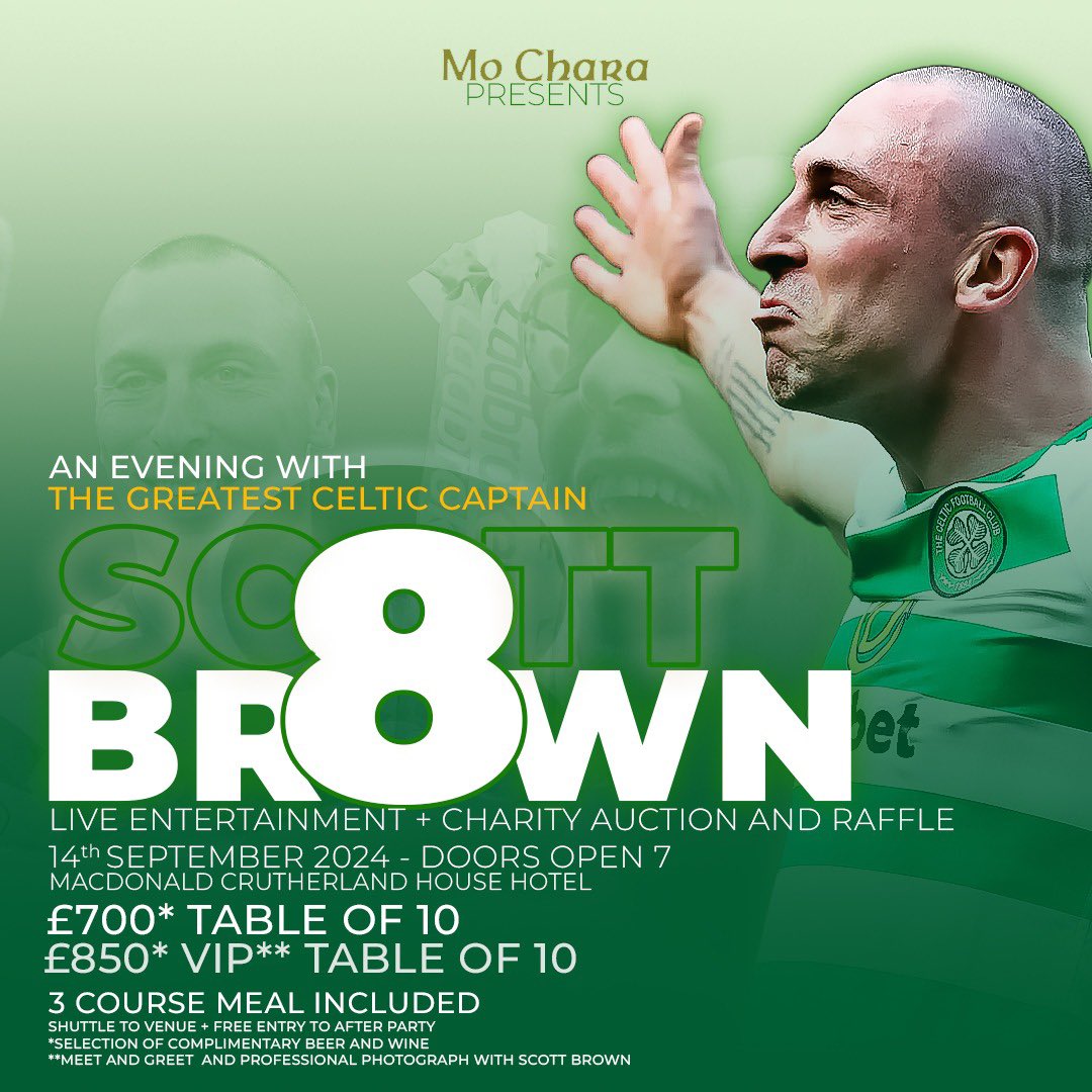 Welcome the most successful Celtic captain of our generation for a Q &amp; A. Put your questions to <a href="/ScottBrown8/">Scott Brown</a> and hear from the man himself how it was captaining the best team in Scotland 🍀💚

‼️ tables selling fast DM to secure yours ‼️