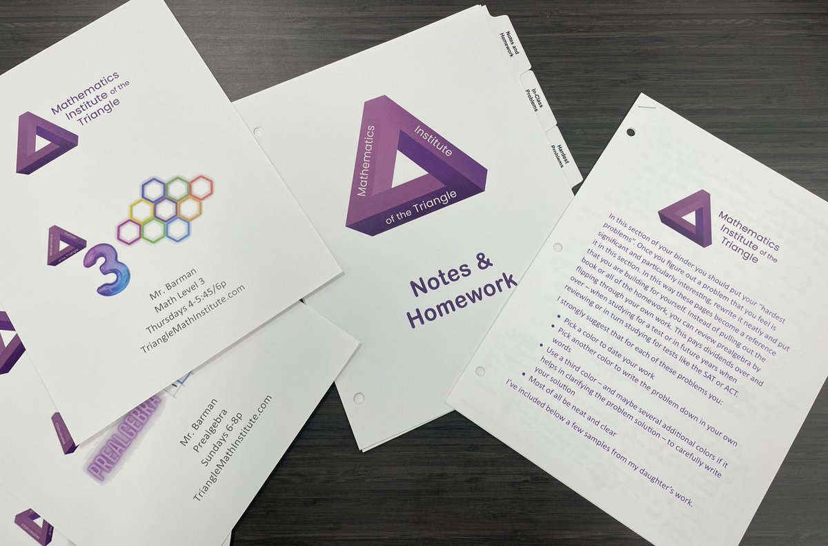 triangleMath's tweet image. Classes at trianglemathinstitute.com start on Friday! For our upper level classes we recommend students make their own references of their most difficult problems, solving clearly and neatly. We’re trying nice binder inserts for them - just picked up @FedEx &amp;amp; they look good! #mtbos