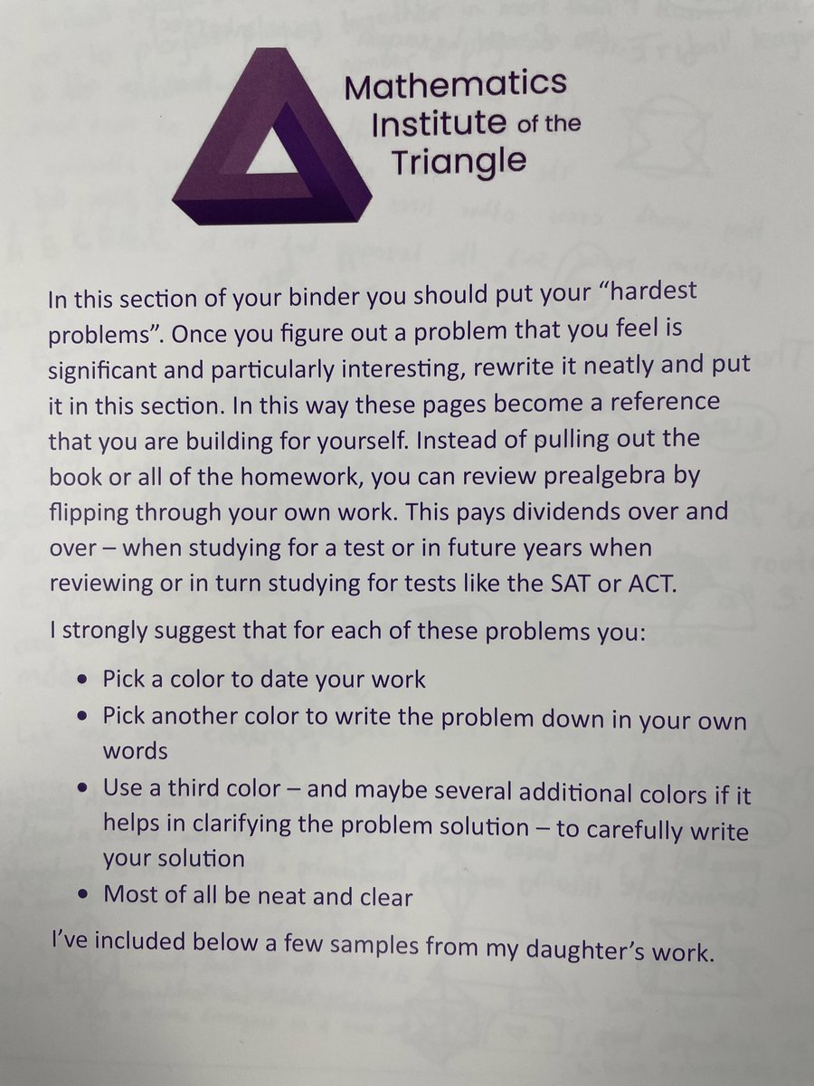 triangleMath's tweet image. Classes at trianglemathinstitute.com start on Friday! For our upper level classes we recommend students make their own references of their most difficult problems, solving clearly and neatly. We’re trying nice binder inserts for them - just picked up @FedEx &amp;amp; they look good! #mtbos