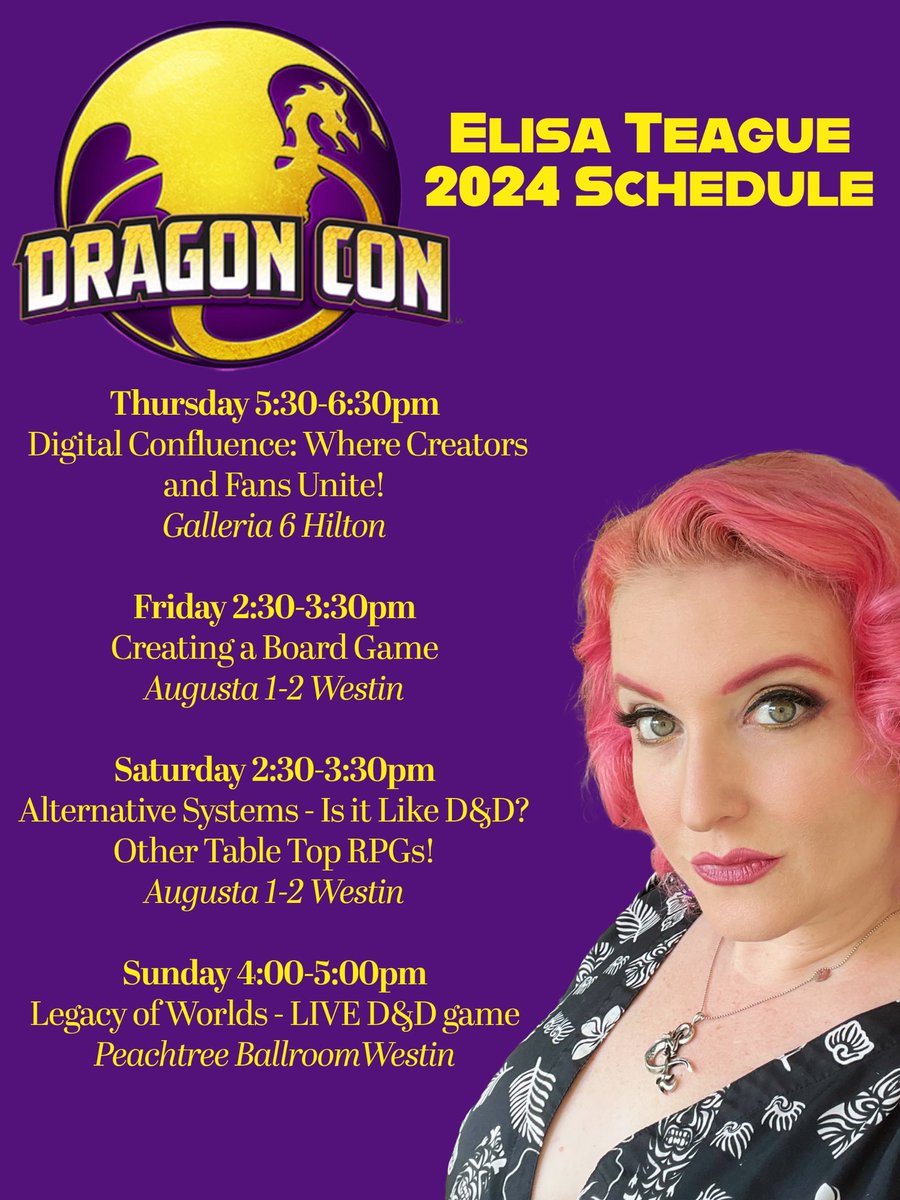 Elisa Teague ⚔️💗⚔️ (@geekypinup) on Twitter photo Join me at <a href="/DragonCon/">💐🌼Dragon Con 🌹🌺</a> and come check out these panels I’m on and more!
Grab a badge today at DragonCon.org! ⚔️💗⚔️
#dragoncon #ttrpg #dnd #actualplay #dragoncon2024 Join me at <a href="/DragonCon/">💐🌼Dragon Con 🌹🌺</a> and come check out these panels I’m on and more!
Grab a badge today at DragonCon.org! ⚔️💗⚔️
#dragoncon #ttrpg #dnd #actualplay #dragoncon2024