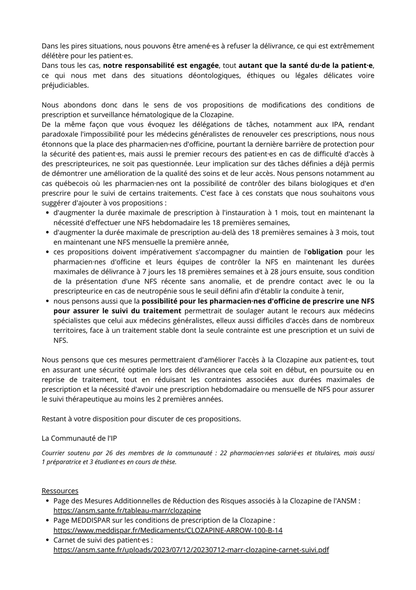 Courrier de certain·es membres de la Communauté de l’IP en réponse au communiqué inter-CNP et inter-sociétés savantes sur les propositions de modification des règles de prescription et de surveillance de la Clozapine (cmg.fr/wp-content/upl…)