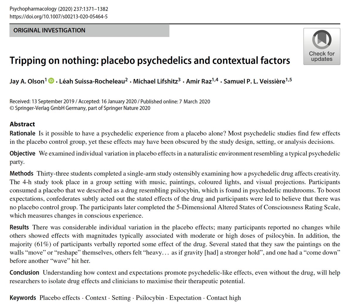 Fascinating! Given the right set and setting, even a placebo can generate psychedelic 🍄-like experiences, with 61% of participants verbally reporting some effects. Important methodological implications here for the development of psychedelic science. (📄 link.springer.com/article/10.100…)