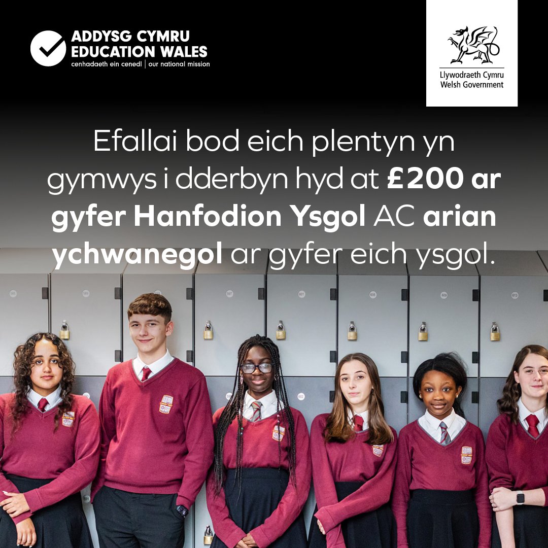 Llywodraeth Cymru Addysg (@llc_addysg) on Twitter photo Paratoi ar gyfer Blwyddyn 7?
Gwiriwch os yw eich plentyn yn gymwys ar gyfer Prydau Ysgol am Ddim aโr Grant Hanfodion Ysgol!
Gall eich plentyn fod yn gymwys i hyd at ยฃ200 tuag at wisg ysgol a hanfodion eraill.
llyw.cymru/hawliwch-help-โฆ
#BwydoEuBywydau
<a href="/cyngormon/">Cyngor Sir Ynys Mรดn</a>
<a href="/CBSBlaenauGwent/">CBS Blaenau Gwent</a> Paratoi ar gyfer Blwyddyn 7?
Gwiriwch os yw eich plentyn yn gymwys ar gyfer Prydau Ysgol am Ddim aโr Grant Hanfodion Ysgol!
Gall eich plentyn fod yn gymwys i hyd at ยฃ200 tuag at wisg ysgol a hanfodion eraill.
llyw.cymru/hawliwch-help-โฆ
#BwydoEuBywydau
<a href="/cyngormon/">Cyngor Sir Ynys Mรดn</a>
<a href="/CBSBlaenauGwent/">CBS Blaenau Gwent</a>
