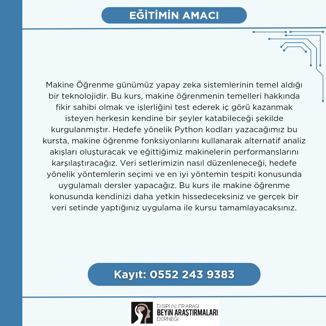 norobilim2018's tweet photo. Herkese iyi akşamlar 😊

Uygulayıcı sertifikalı Yapay Zeka eğitimimizin başlamasına 1 aydan kısa bir süre kaldı ve kontenjanımız doluyor.

Eğitimimiz hakkında daha fazla bilgi ve kayıt için bize 0552 243 9383 numarasından ulaşabilirsiniz 🌸

İyi haftalar dilerim 😊 https://t.co/h6SgTT5Uto