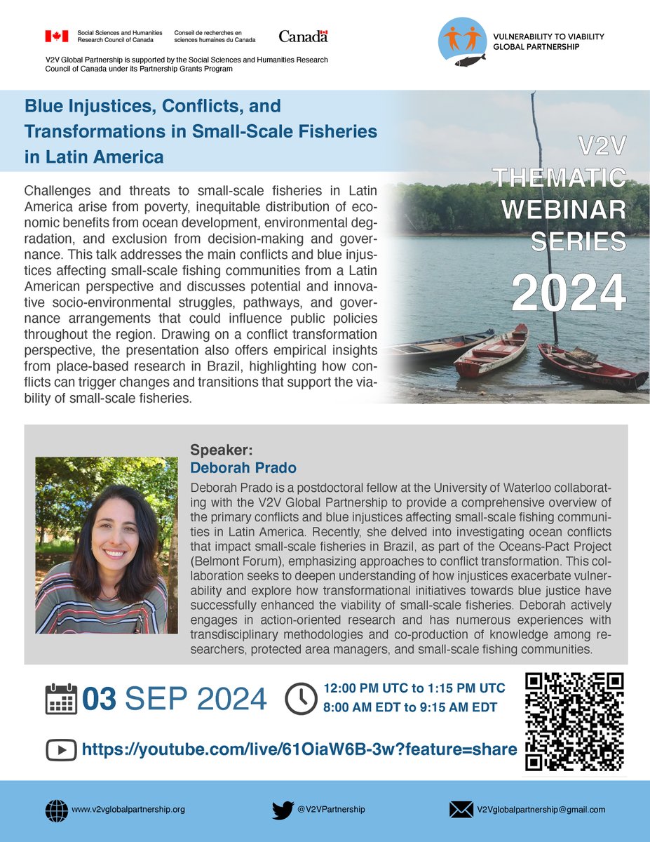 📍SAVE THE DATE! #ThematicWebinar #SSF 
📢Blue Injustices, Conflicts, and Transformations in Small-Scale Fisheries in Latin America

🎙️Speaker: Deborah Prado
🗓️September 03, 2024 (Tuesday)
⏰12:00 PM to 1:15 PM UTC
▶️youtube.com/live/61OiaW6B-…