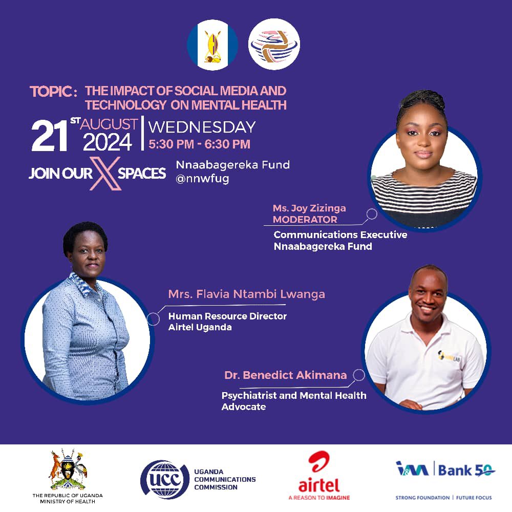 nnwfug's tweet photo. Social media and rapid technology advancements have revolutionised how we navigate our daily lives and communicate with each other. 

While they both have several advantages like easy access to information, and transacting business, they have also presented  several challenges which can fuel feelings of anxiety, depression and addiction consequently affecting one’s #MentalHealth. 

Join our X Space on Wednesday with our telecom partner @Airtel_Ug and seasoned Psychatrist Dr. @akimben throw light on how we can modify our habits and limit the negative impact on mental health. 

#NnaabagerekaFund 
#ShineALightUG