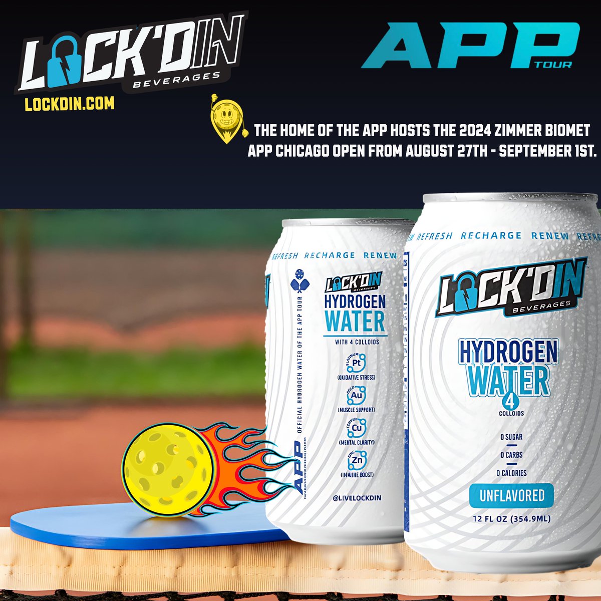 live_4_today_fl's tweet photo. The Zimmer Biomet APP Chicago Open for 2024, which includes the involvement of Lock'DIN #LockDIN as a sponsor, is set to be a significant event in the pickleball calendar. Here's what you need to know:

Event Name: #Zimmer #Biomet APP #Chicago Open
Dates: August 27th to September 1st, 2024
Location: Danny Cunniff Park, Highland Park, Illinois
Highlights:
This event is part of the Association of #Pickleball  Professionals (APP) Tour, known for its professional and amateur tournaments.
Lock'dIn #Hydrogen Water has been named the official hydrogen water for the event, indicating their sponsorship or partnership role, focusing on #health and #wellness within the sport.
Zimmer Biomet, a global medical technology leader, is the title sponsor, emphasizing joint health education and the importance of movement in sports like #pickleball. Visit https://t.co/iSj707RfP8 for information about #hydrogenwater and #nootropic beverages. 20% summer sale still active. Code: Summer20 .