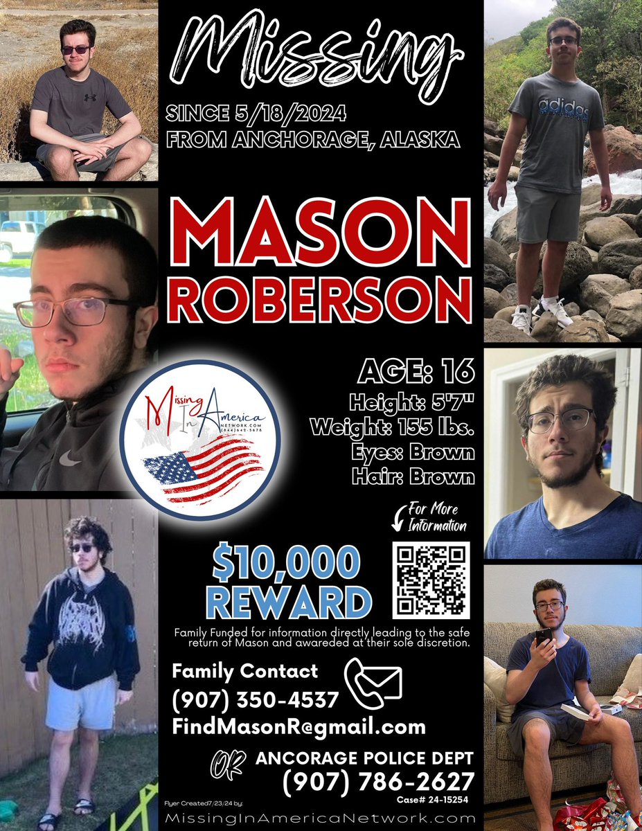 missingNamerica's tweet photo. Mason Roberson (16) 🚨 MISSING 🚨 from Anchorage, Alaska since 5/18/24

Family has no leads and want to make sure he is safe.  $10k REWARD! 

#MissingInAmericaNetwork 🇺🇸 #MissingInAlaska 

#MissingPosterMonday #MissingMonday #MPM #Missing #MissingPerson #MissingAlert #MasonRoberson #Anchorage #Alaska
