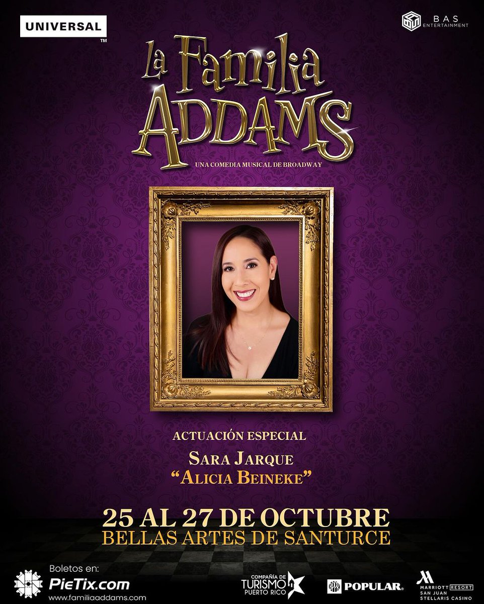 Reposted from <a href="/BASPuertoRico/">BAS Entertainment</a> 🕸️ Feliz de interpretar a Alicia Beineke, una mujer alegre y esposa de Mauricio, en "La Familia Addams". No se la pierdan desde el 25 de octubre en Bellas Artes de Santurce. Boletos en PieTix.com o en la boletería. #LaFamiliaAddams