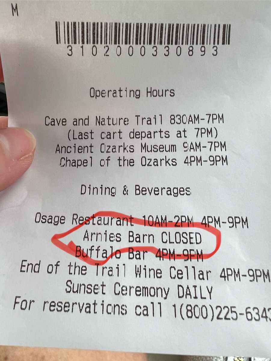 So, why does today’s Top of the Rock parking receipt indicate Arnie’s Barn is CLOSED? It’s open.  ⁦<a href="/BigCedarLodge/">Big Cedar Lodge</a>⁩
