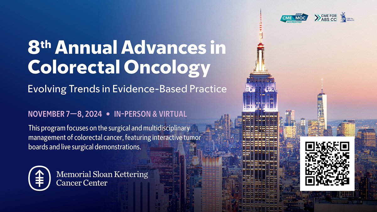 Registration is now open for the 8th Annual #MSKcolorectalCME. Join top experts as we explore state-of-the-art surgical and multidisciplinary management of #colorectalcancer. Engage in interactive tumor boards &amp; witness live surgical demonstrations: bit.ly/Colorectal2024