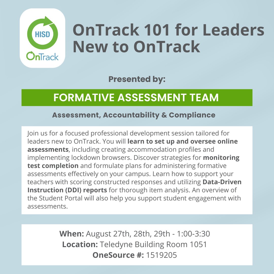 Are you a leader new to HISD? Join our OnTrack 101 session to learn how to support teachers with administering assessments and planning for instruction with DDI reports.