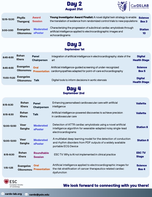 Rohan Khera (@rohan_khera) on Twitter photo If you are at #ESC2024 in London next week, come say hello to <a href="/cards_lab/">CarDS Lab</a> members discussing their science, competing in awards, and sharing their thoughts on major advances in #AI and CV care.
<a href="/ekoikonomou/">Evangelos K. Oikonomou</a> <a href="/PhyllisTweets/">Phyllis Thangaraj</a> <a href="/Veer_Sangha_/">Veer Sangha</a> <a href="/YaleCardiology/">Yale Cardiology</a> <a href="/YaleMed/">Yale School of Medicine</a> If you are at #ESC2024 in London next week, come say hello to <a href="/cards_lab/">CarDS Lab</a> members discussing their science, competing in awards, and sharing their thoughts on major advances in #AI and CV care.
<a href="/ekoikonomou/">Evangelos K. Oikonomou</a> <a href="/PhyllisTweets/">Phyllis Thangaraj</a> <a href="/Veer_Sangha_/">Veer Sangha</a> <a href="/YaleCardiology/">Yale Cardiology</a> <a href="/YaleMed/">Yale School of Medicine</a>