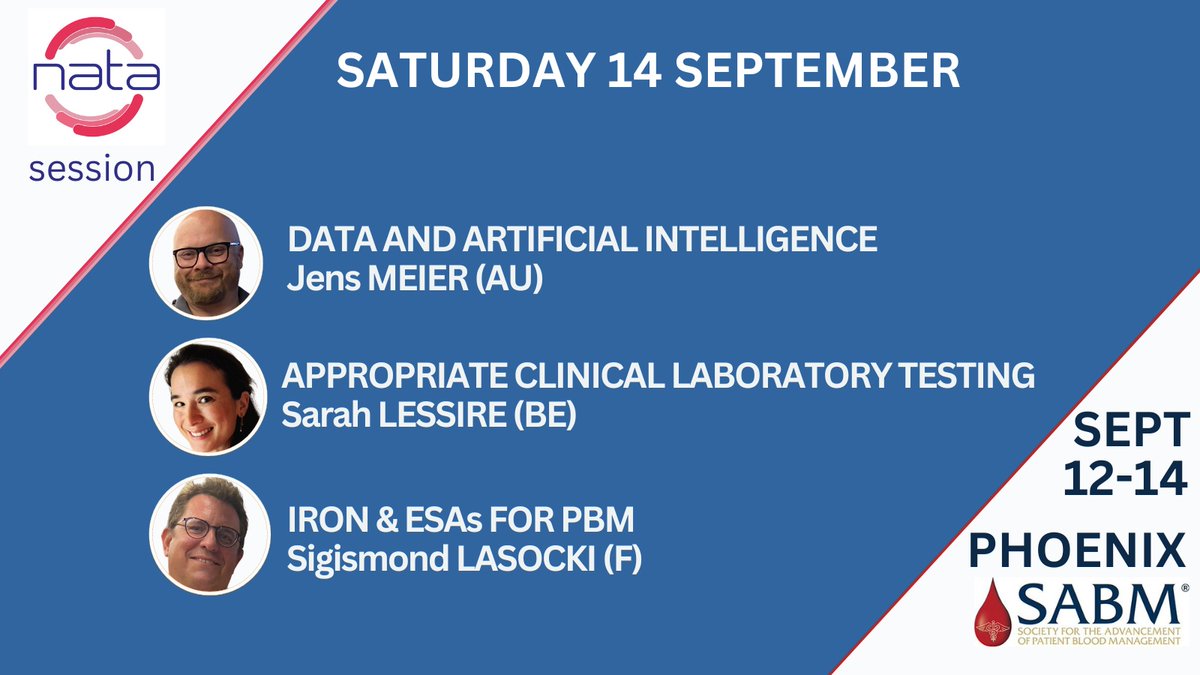 NATA collaborates with #PBM societies across the globe. We are particularly pleased to continue our long standing partnership with #SABM and to participate in their annual congress in Phoenix in September.

sabm.memberclicks.net/registration-a…
<a href="/bloodmgmt/">SABM</a>
