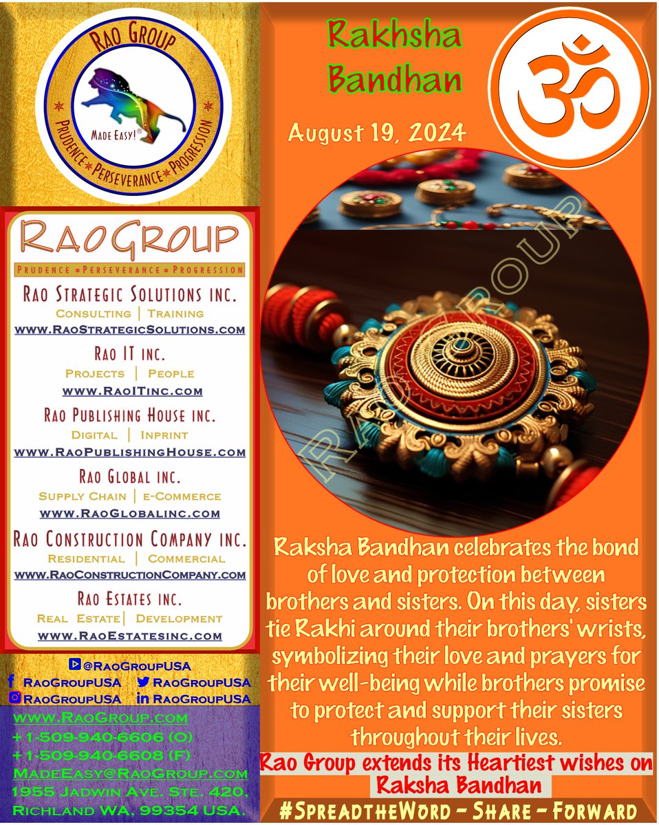 RaoGroupUSA's tweet photo. Rao Group extends its heartiest wishes on Raksha Bandhan!
509-940-6606 (O) 509-940-6608 (F) • MadeEasy@RaoGroup.com
1955 Jadwin Ave. Ste. 420, Richland, WA 99354
https://t.co/1zvDNUcgEN
#raogroup #raoitinc #richlandwa #kennewickwa #pascowa #tricitieswa #BusinessGrowth2024 https://t.co/rziVsNKTUd