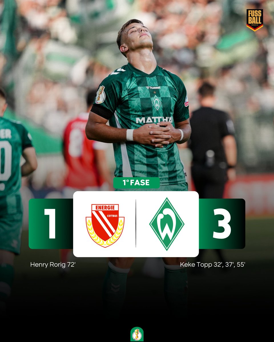 FussballBR's tweet image. 🇩🇪🏆 𝗢 𝗪𝗘𝗥𝗗𝗘𝗥 𝗕𝗥𝗘𝗠𝗘𝗡 𝗘́ "𝗧𝗢𝗣𝗣"! ⚽⚽⚽

Nova contratação do Werder Bremen, o atacante Keke #Topp, de apenas 20 anos, marcou um hat-trick e decidiu para os Papagaios o confronto contra o Energie Cottbus!

Com a vitória por 3 a 1, a equipe Werderaner está na