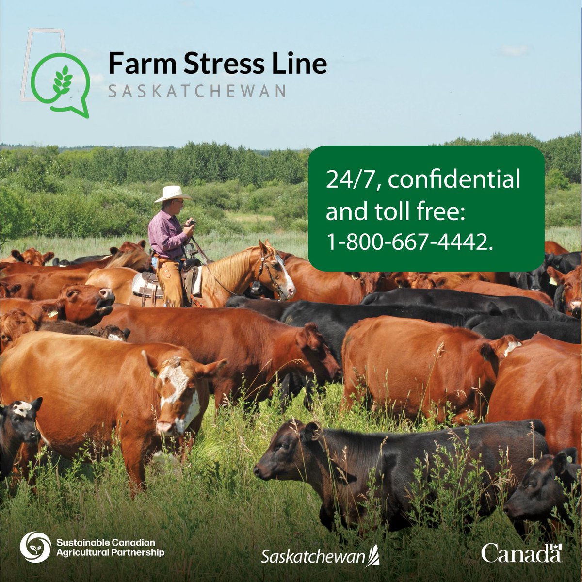 SKAgriculture's tweet photo. The Farm Stress line is a 24/7, confidential support line. Learn more: https://t.co/qLXmiDJfCh @AAFC_Canada #FarmstressLine #SustainableCdnAg #SaskAg https://t.co/WD4QEncOZh