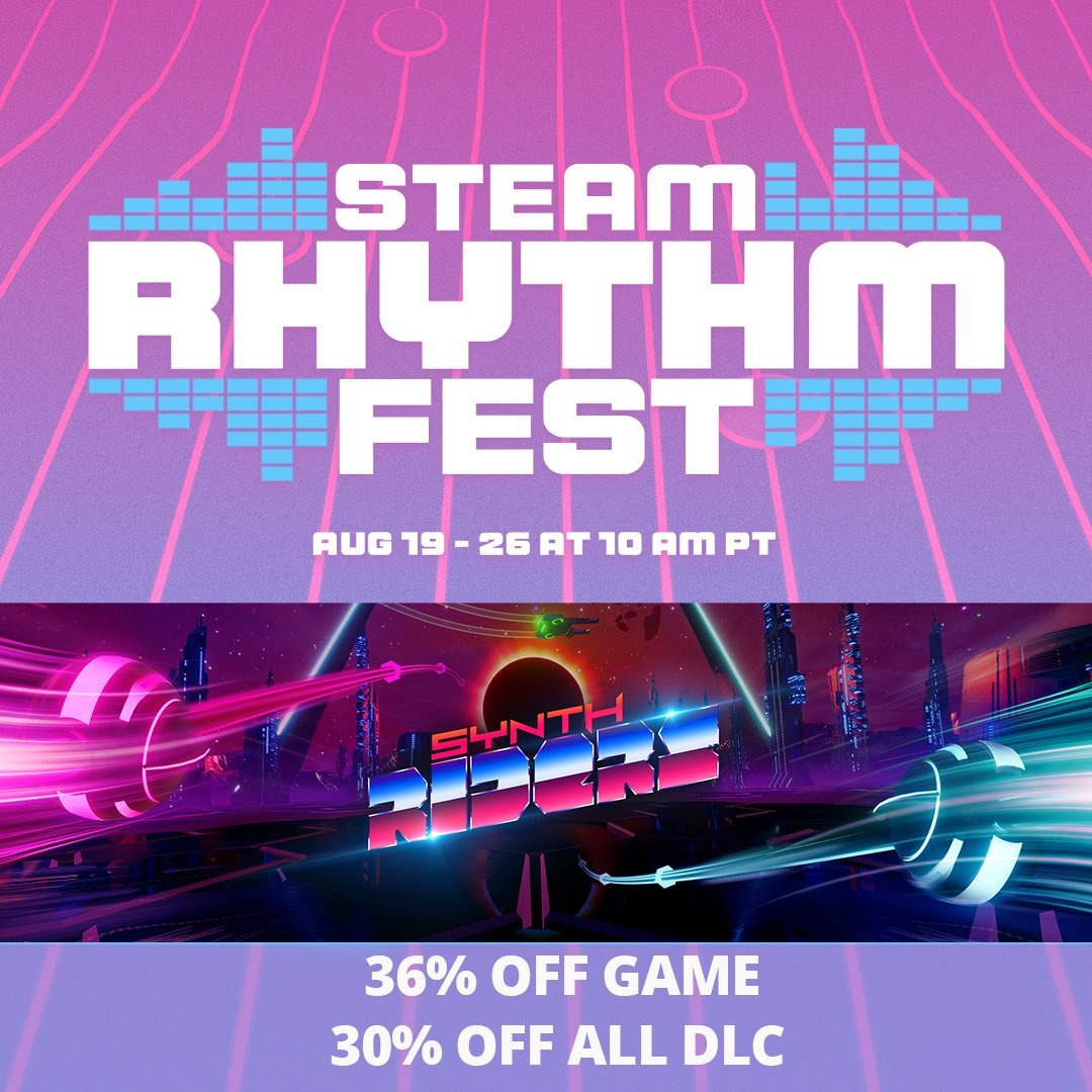 We’re in the Steam Rhythm Festival!

Already own #SynthRiders? ALL our DLC is 30% off!
Got a friend that hasn’t tried it yet? 
The base game is on SALE for 36% off!

Let’s go, riders!

#STEAMDEALS: store.steampowered.com/app/885000/Syn…