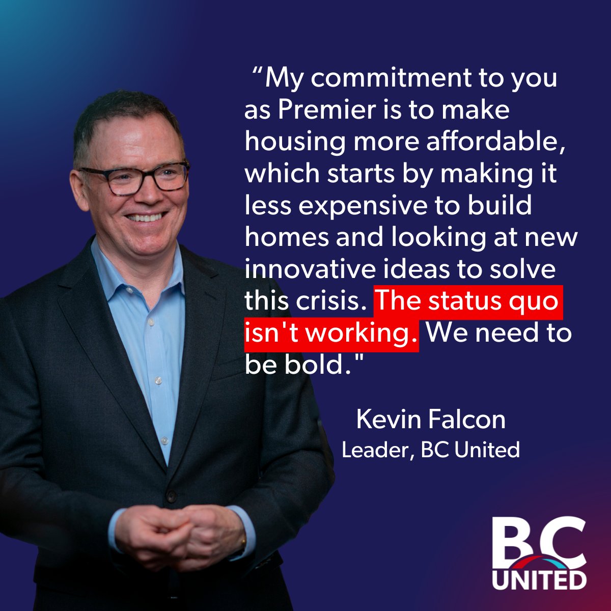 More British Columbians than ever have been shut out of the housing market. 

As the only party and leader who have real solutions to solving the housing crisis, Kevin Falcon and BC United are going to make housing more affordable.

Read about it here: votebcunited.ca/our-plan/housi…