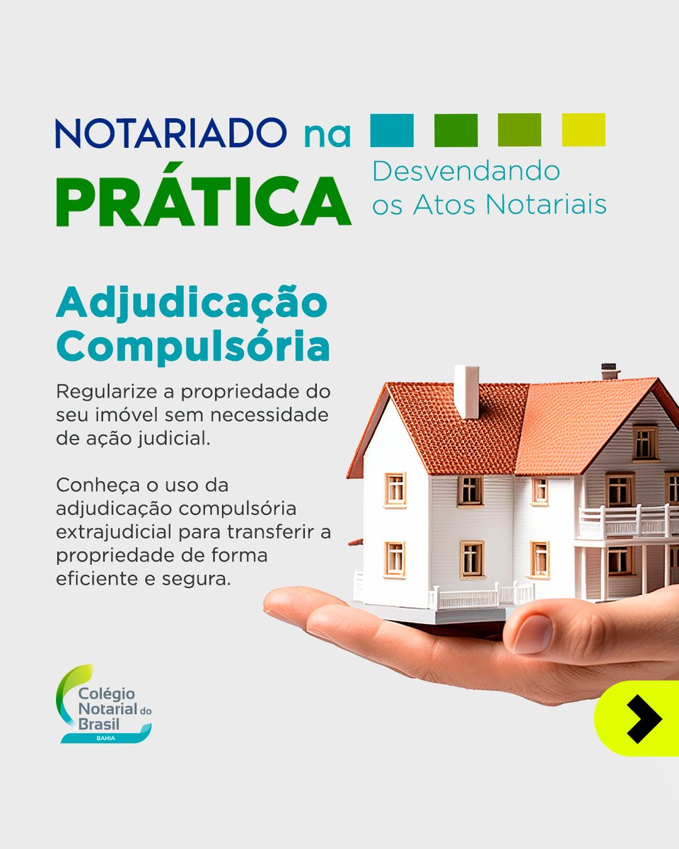 CNB_BA's tweet photo. Adjudicação Compulsória:

Precisa regularizar seu imóvel? Use a Adjudicação Compulsória! 🏠📜

O Notariado em Prática mostra como a Adjudicação Compulsória transfere a propriedade do seu imóvel sem ação judicial. ⚖

✅ Entenda a facilidade da Adjudicação Compulsória. https://t.co/GgMznc2gO3