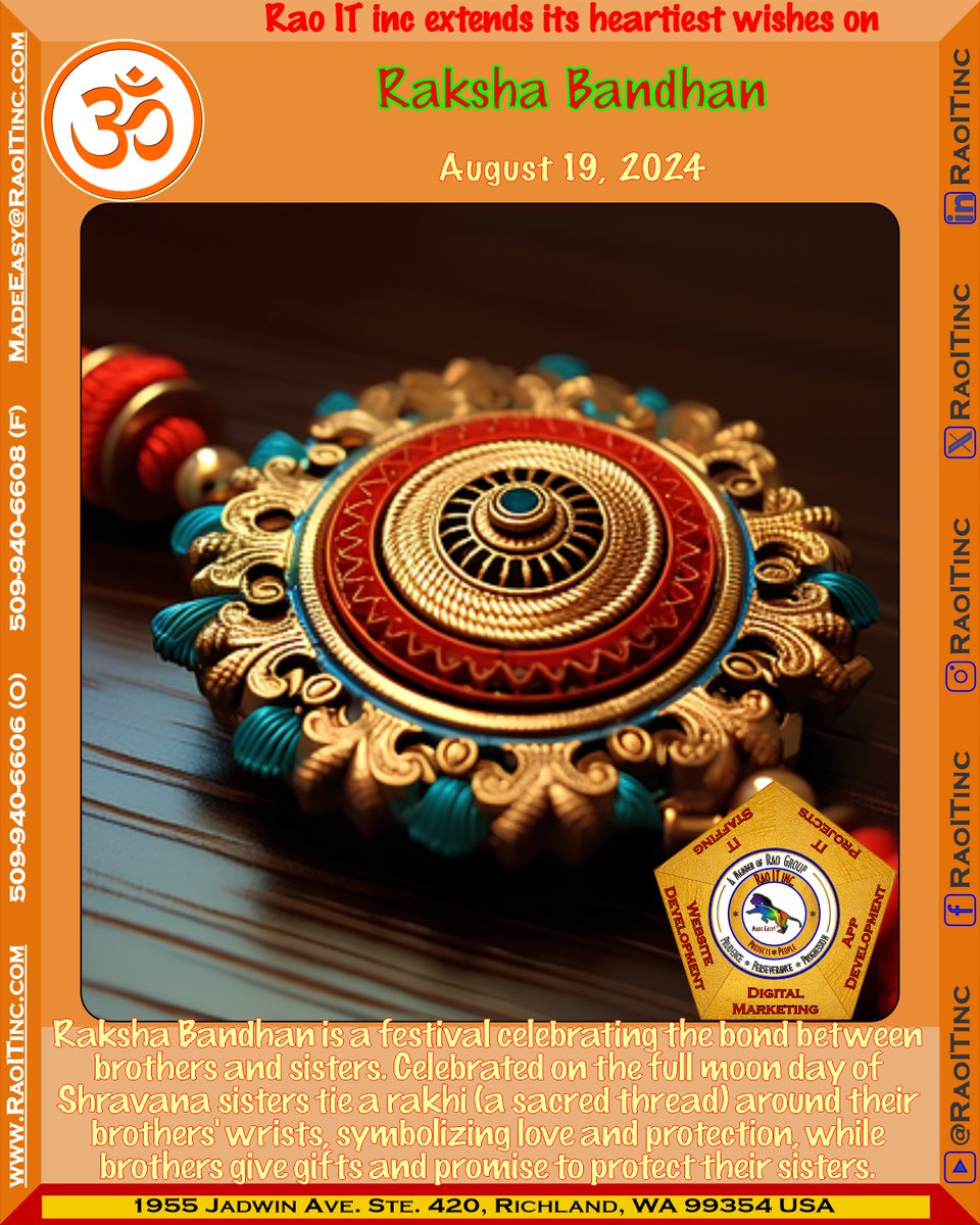 RaoITinc's tweet photo. Rao IT Inc. wishes you a joyful and prosperous #rakshabandhan! 🎉

#RaoITInc of #RaoGroup from #TriCitiesWA offers #WebsiteDevelopment #AppDevelopment #DigitalMarketing #ITProjects #ITStaffing
509-940-6606 
https://t.co/L0gKUZf50o
#richlandwa #kennewickwa #pascowa #BusinessGrowth https://t.co/wuogJVkFZy