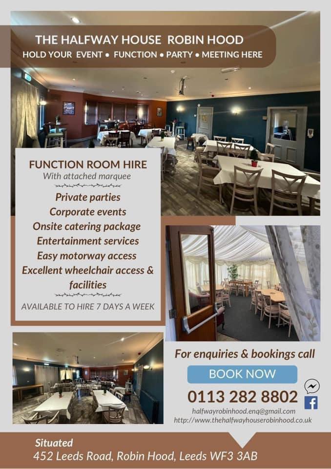 HalfwayhouseRH's tweet image. FUNCTION ROOM HIRE AVAILABLE 
With attached marquee 

•Private parties 
•Family gatherings/reunions 
•Corporate events 
•Onsite catering packages available 
•Entertainment services available 
** Very Competitive prices ** 
Available 7 days 
0113 2828802
#leeds #functionroom