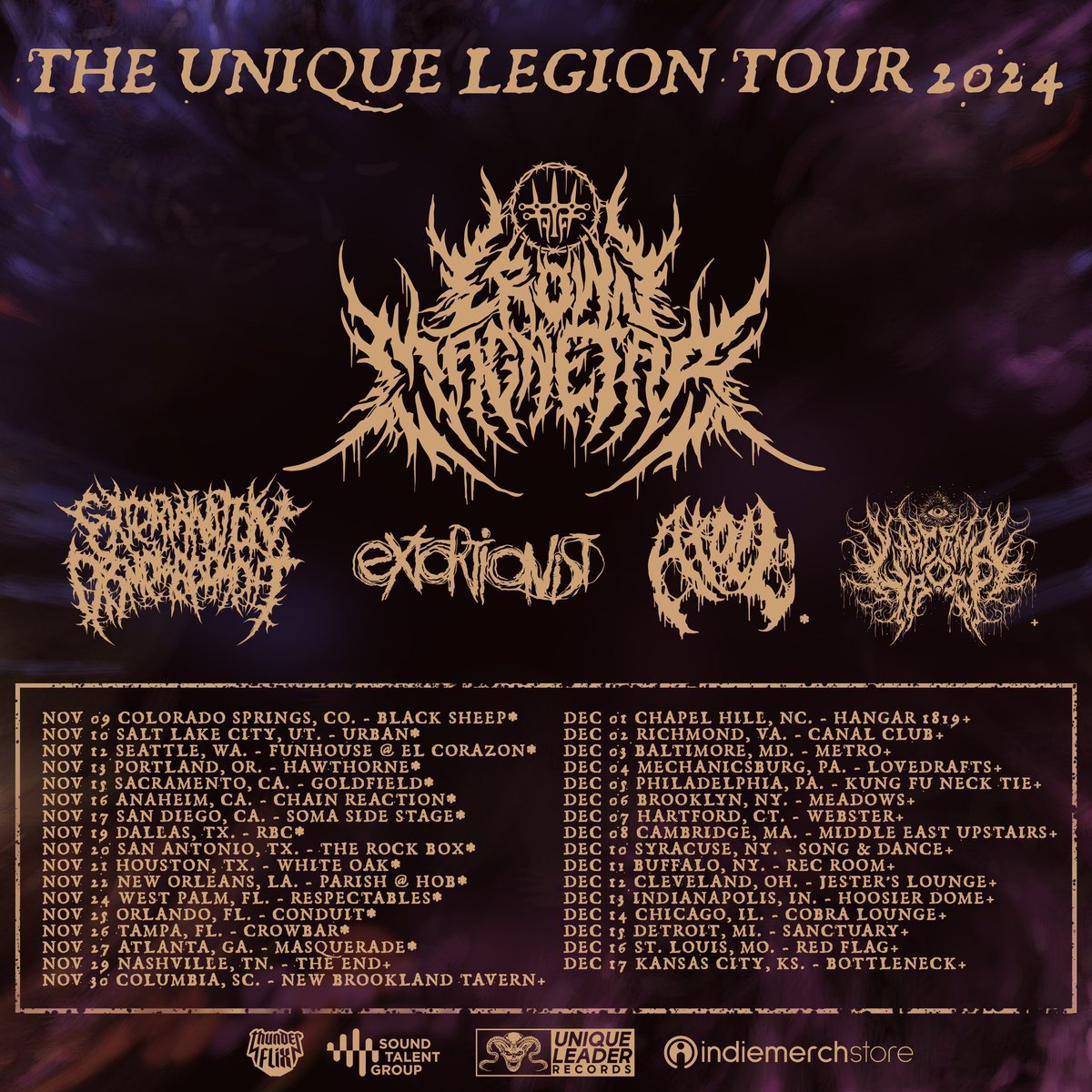 TOUR ANNOUNCEMENT ⚠️

THE UNIQUE LEGION TOUR 2024 with <a href="/CrownMagnetar/">CROWN MAGNETAR</a> <a href="/EDismemberment/">ExDx</a> <a href="/Atoll_band/">Atoll</a> &amp; Larcenia Roe this fall/winter.

Tickets on sale Thursday August 22nd via uniqueleader.com 🔥