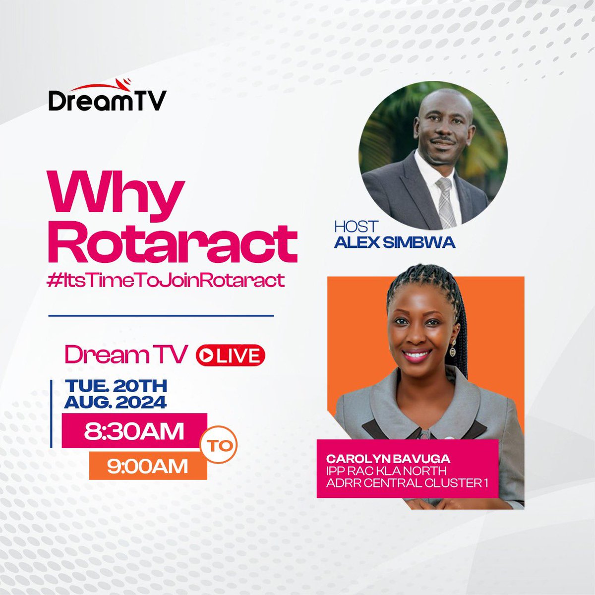 kanosug's tweet photo. Don't miss an informative discussion about “WHY ROTARACT” 
 Tomorrow live on @dreamtvug and Bunyoro TV from  8:30AM as our IPP @CarolyneBavuga and Gen. @SimonOkwi1  share their insights and experiences on why Rotaract is the ideal platform for young professionals.#ItsTimeToJoinRotaract