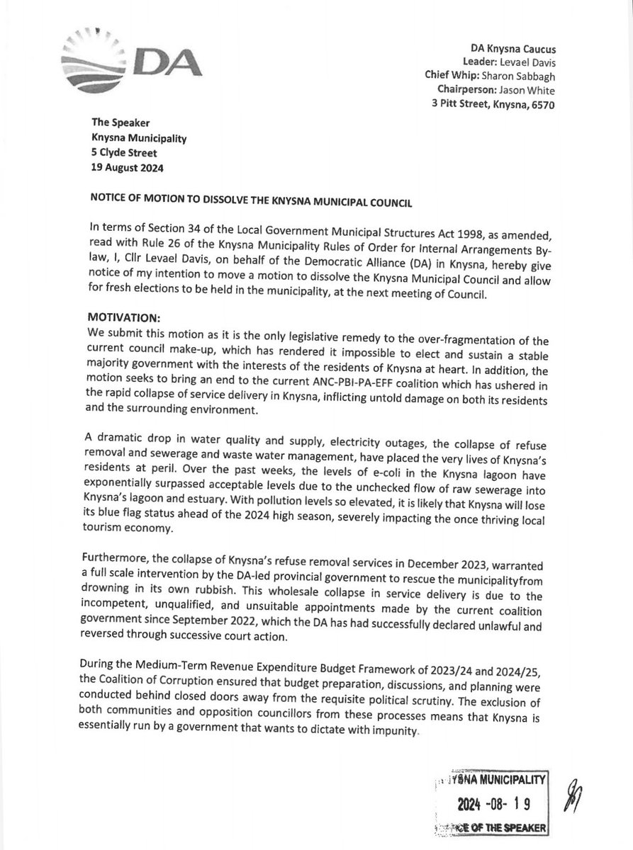 da_knysna's tweet photo. The DA caucus in Knysna today submitted its motion to dissolve the Knysna Council, in terms of S34 of the Municipal Structures Act.

The over-fragmentation of the current council make-up has rendered it impossible to elect &amp; sustain a stable majority government.

#RescueKnysna https://t.co/cbKTsxnqYs