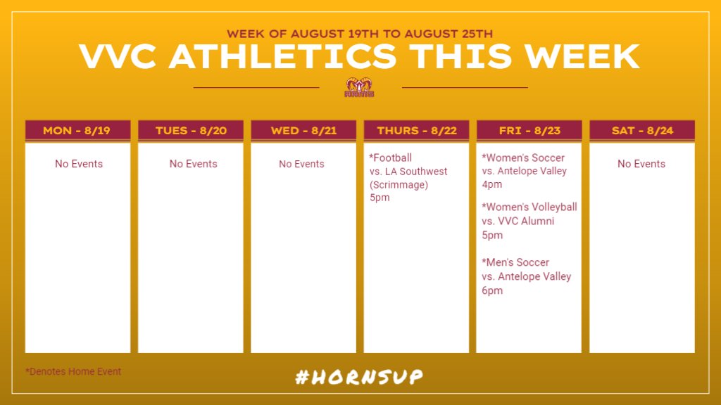 VVC_RAMS's tweet photo. Fall sports are here! See our events for this week as we kick off our seasons.
Stay connected with us each week as we inform you on our games and events.
.
.
.
#VVC I #Athletics I #RAMS I #vvcathletics | #GoRams I #GoVVC I #hornsup🤘 https://t.co/TNYqAi3dlH