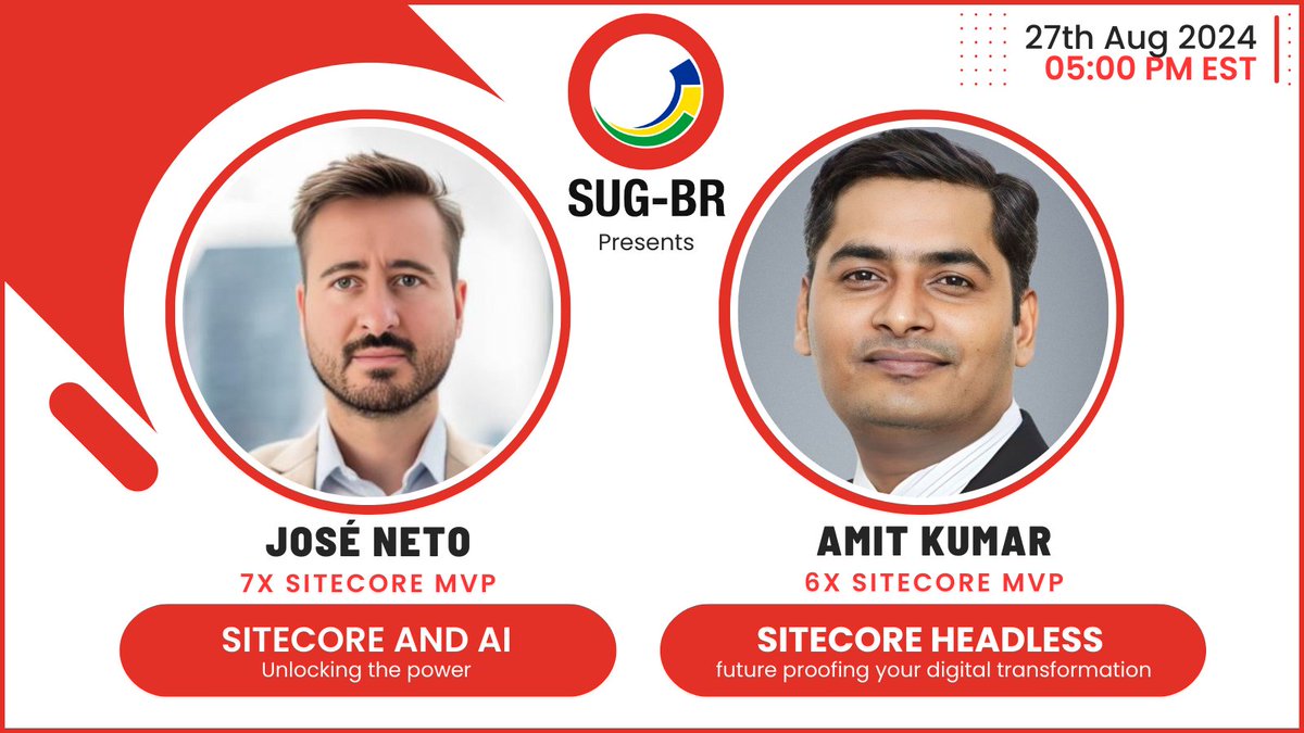 Rodrigo Peplau (@sitecoresinger) on Twitter photo Join us at #SUGBR next week, 27th August
@josenetofl with "Sitecore and AI - Unlocking the power of AI with Sitecore"
<a href="/AmitMnath/">Amit Kumar 🇮🇳</a> with "Future-Proofing Your Digital Transformation with Sitecore Headless Services"
RSVP NOW ==> kommunity.com/sugbr/events/s… Join us at #SUGBR next week, 27th August
@josenetofl with "Sitecore and AI - Unlocking the power of AI with Sitecore"
<a href="/AmitMnath/">Amit Kumar 🇮🇳</a> with "Future-Proofing Your Digital Transformation with Sitecore Headless Services"
RSVP NOW ==> kommunity.com/sugbr/events/s…