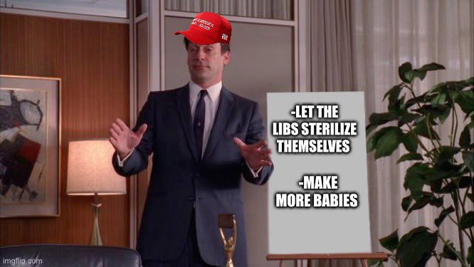 Hear me out:

The Dems are handing out free abortions and vasectomies at the DNC.

Their ideology revolves around homosexuality, abortion, and castrating/mutilating themselves.

What if we just let them? What if we just make more babies than them, and let them die out?

What if